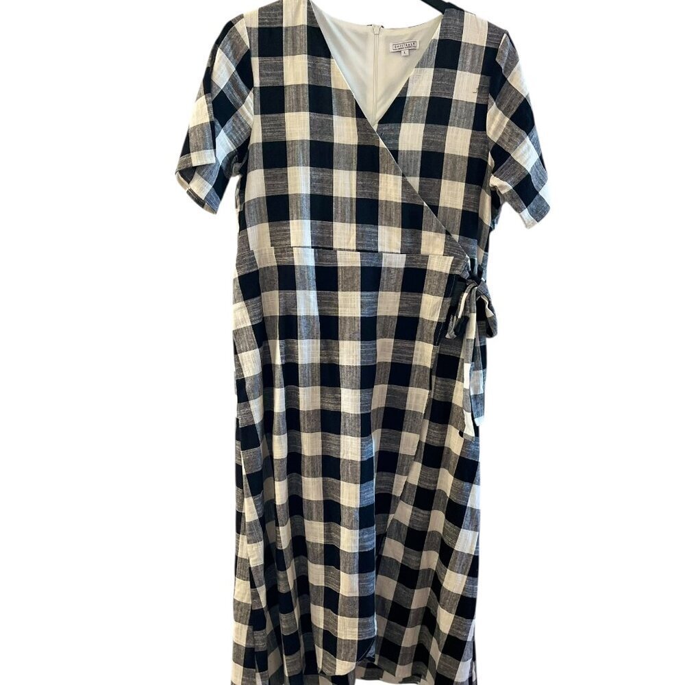 Sweetsalt Black Buffalo Plaid Modest Faux Wrap Front Summer Midi Dress Sz lr